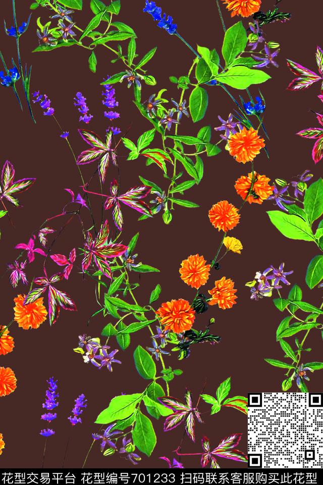小碎花叶子植物花卉数码印花华亿平台下载（图片编号: 701233） - 瓦栏（Walan）