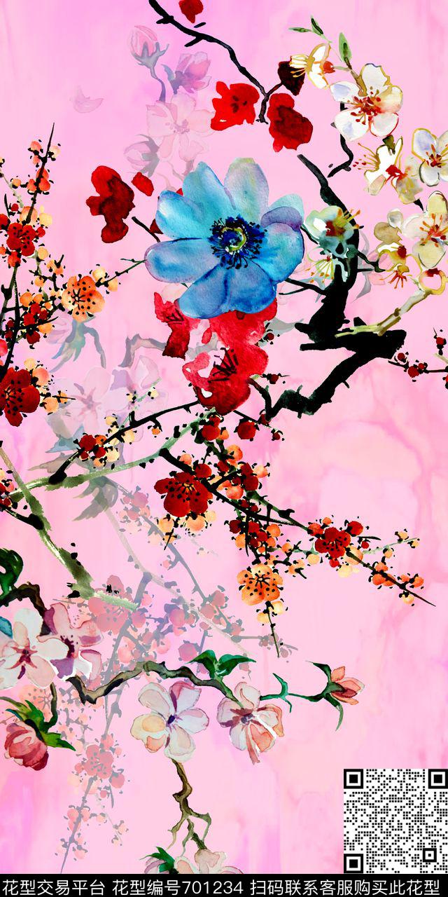 中国风梅花花卉数码印花华亿平台下载（图片编号: 701234） - 瓦栏（Walan）