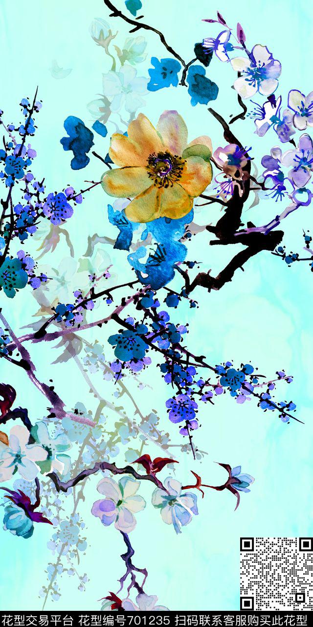 中国风梅花花卉数码印花华亿平台下载（图片编号: 701235） - 瓦栏（Walan）