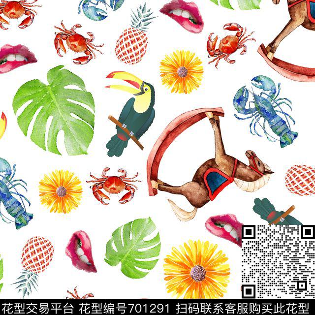 嘴唇趣味海鲜螃蟹数码印花华亿平台下载（图片编号: 701291） - 瓦栏（Walan）