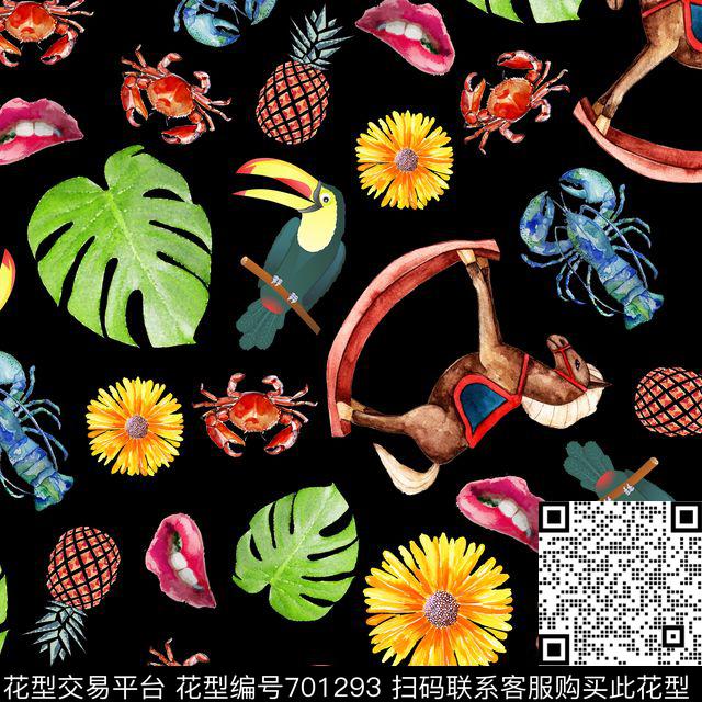 嘴唇趣味海鲜螃蟹数码印花华亿平台下载（图片编号: 701293） - 瓦栏（Walan）