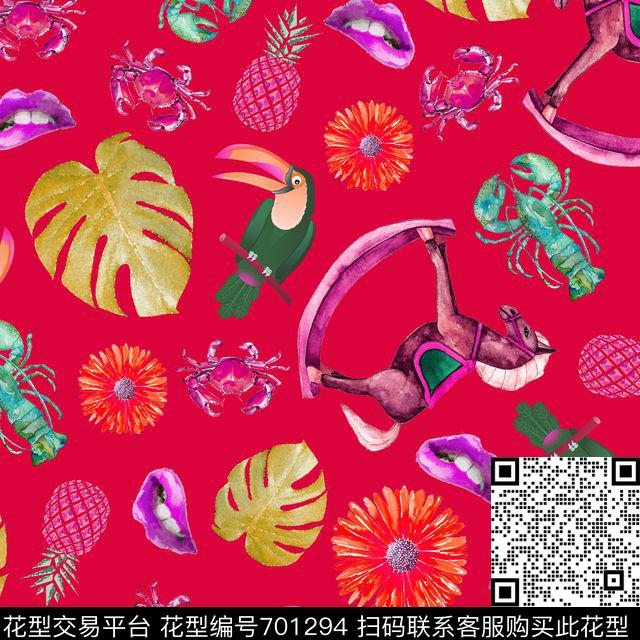 嘴唇趣味海鲜螃蟹数码印花华亿平台下载（图片编号: 701294） - 瓦栏（Walan）