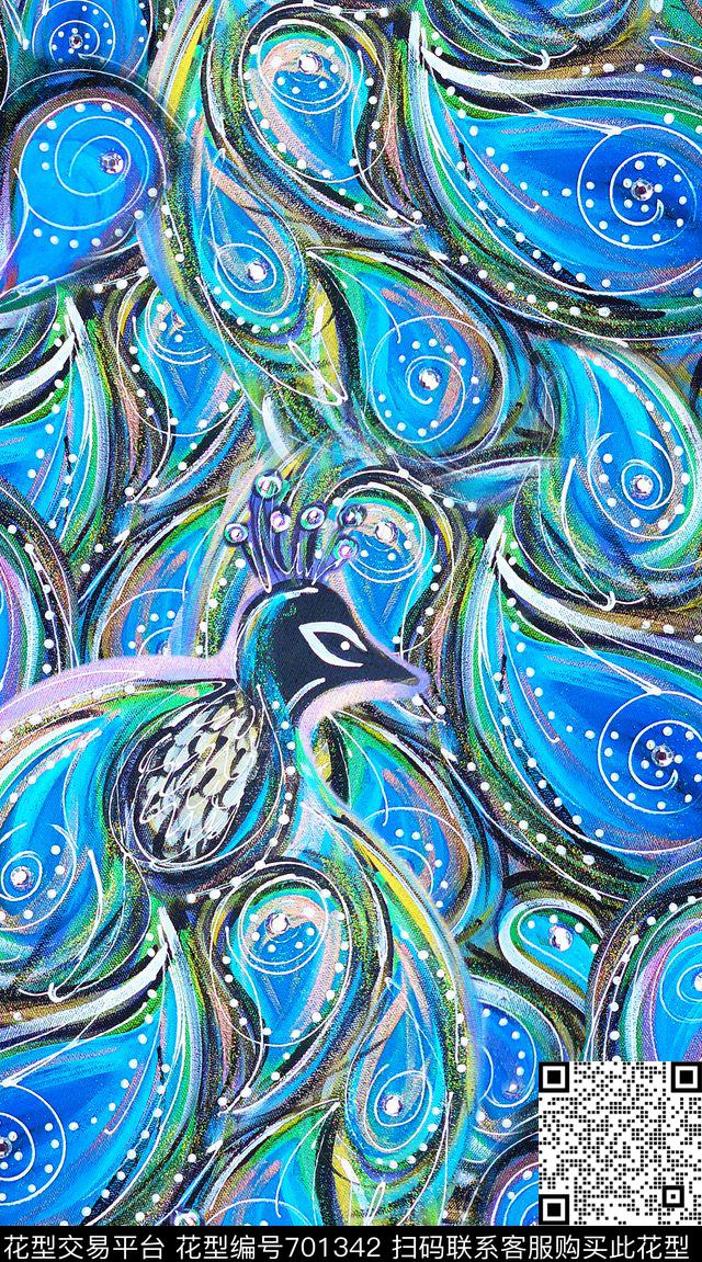 孔雀民族风彩色羽毛数码印花华亿平台下载（图片编号: 701342） - 瓦栏（Walan）