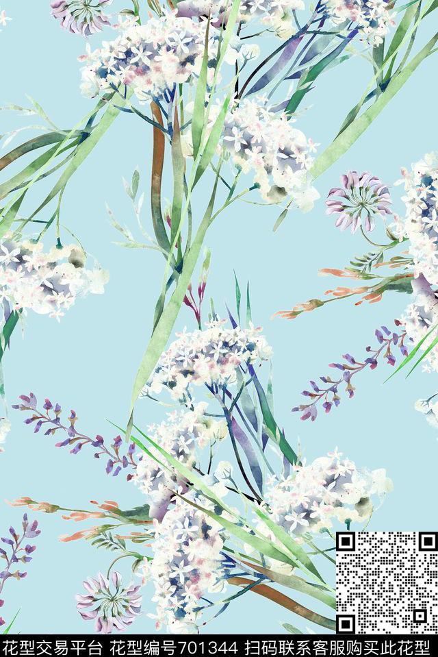 手绘薰衣草花卉数码印花华亿平台下载（图片编号: 701344） - 瓦栏（Walan）