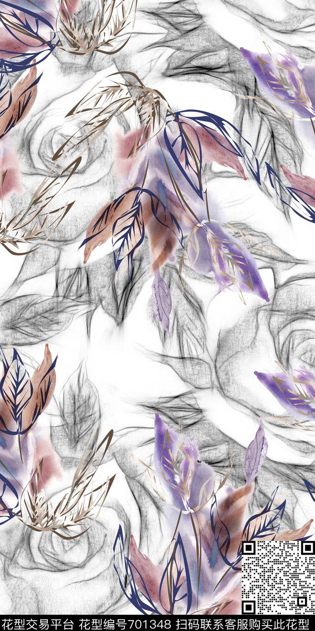 手绘花卉素描数码印花华亿平台下载（图片编号: 701348） - 瓦栏（Walan）