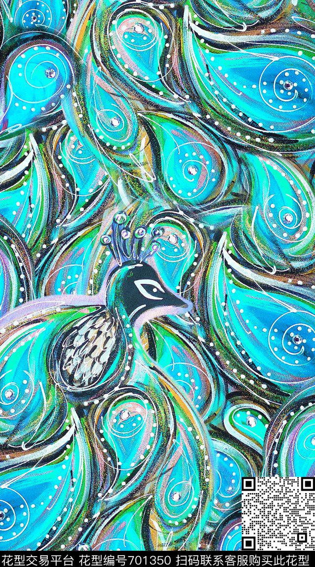 孔雀民族风彩色羽毛数码印花华亿平台下载（图片编号: 701350） - 瓦栏（Walan）