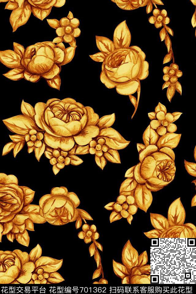 手绘金色花卉数码印花华亿平台下载（图片编号: 701362） - 瓦栏（Walan）