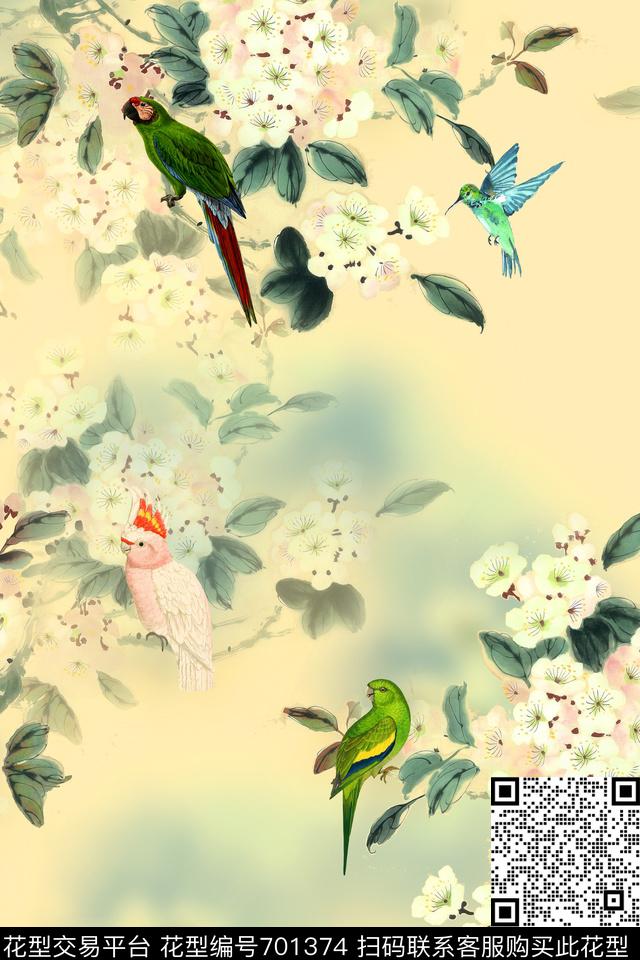 中国风晕染花鸟画数码印花华亿平台下载（图片编号: 701374） - 瓦栏（Walan）