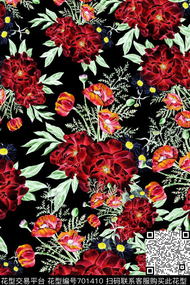 酒红手绘花卉数码印花华亿平台下载（图片编号: 701410） - 瓦栏（Walan）