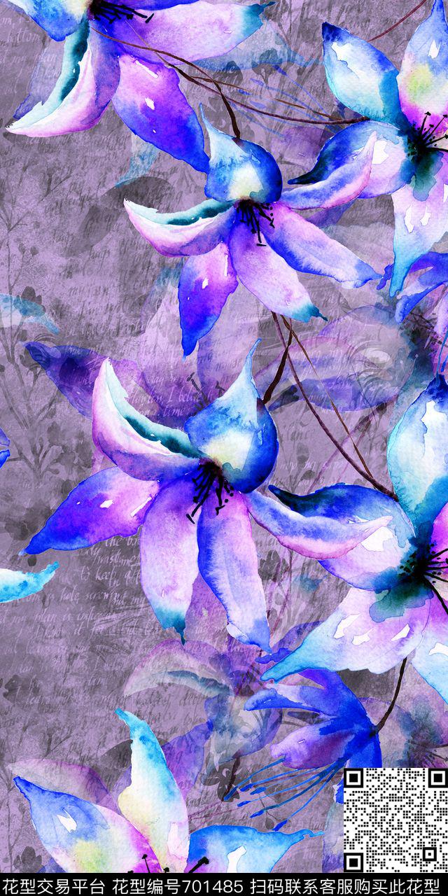 紫色风情花卉数码印花华亿平台下载（图片编号: 701485） - 瓦栏（Walan）