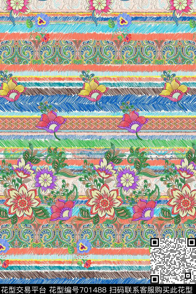 几何条纹花卉绣花数码印花华亿平台下载（图片编号: 701488） - 瓦栏（Walan）