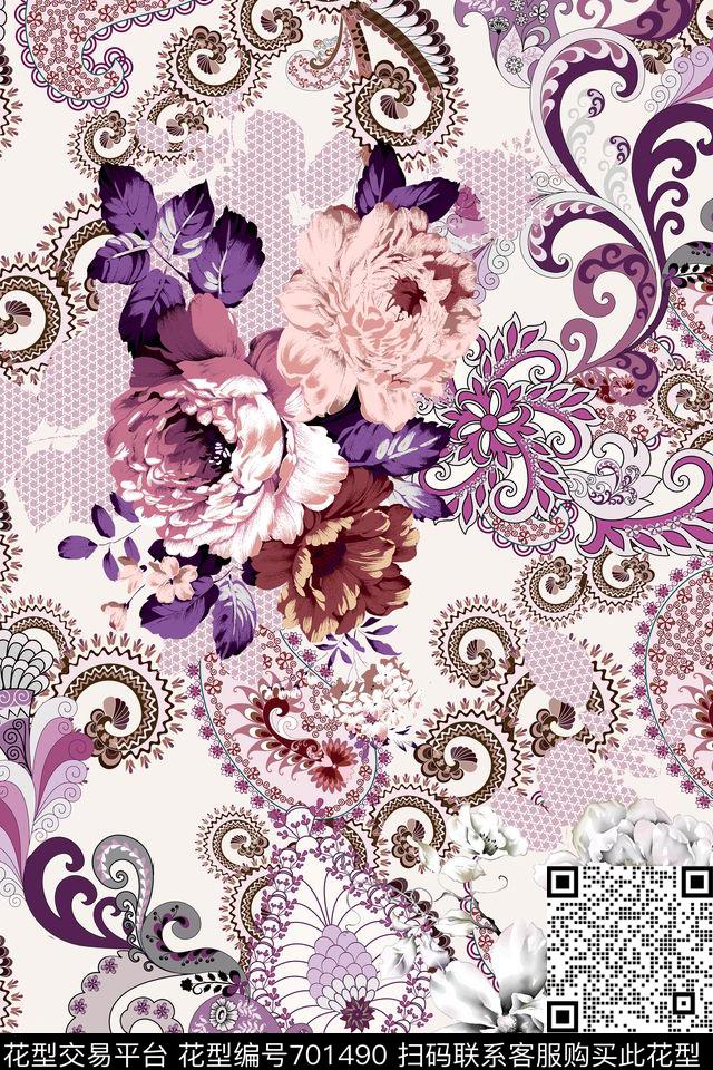 民族风花卉腰果数码印花华亿平台下载（图片编号: 701490） - 瓦栏（Walan）