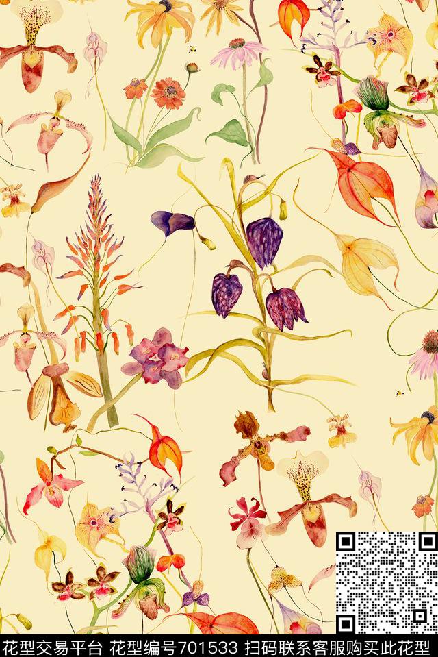花卉藤蔓乱花数码印花华亿平台下载（图片编号: 701533） - 瓦栏（Walan）