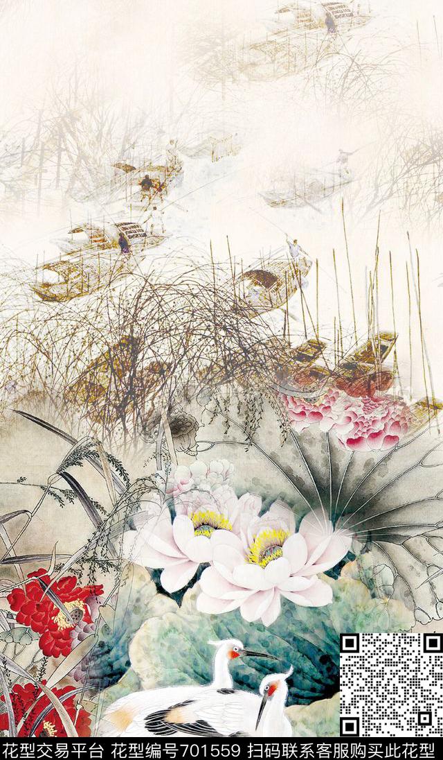 鸟荷花风景数码印花华亿平台下载（图片编号: 701559） - 瓦栏（Walan）
