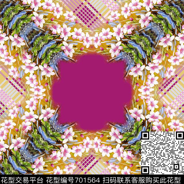 花卉格子丝巾方巾数码印花华亿平台下载（图片编号: 701564） - 瓦栏（Walan）
