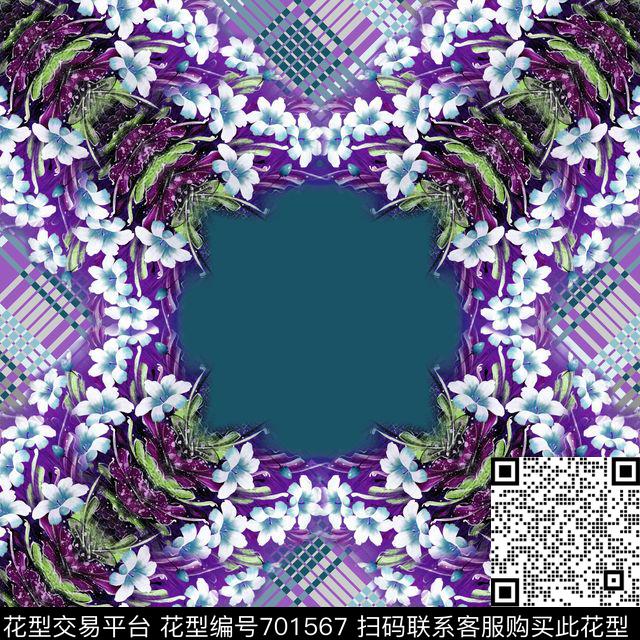 花卉格子丝巾方巾数码印花华亿平台下载（图片编号: 701567） - 瓦栏（Walan）