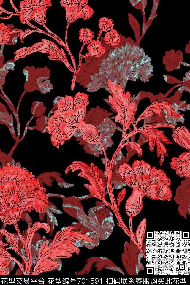 L.D~中国风L.D~线条L.D~花卉数码印花华亿平台下载（图片编号: 701591） - 瓦栏（Walan）