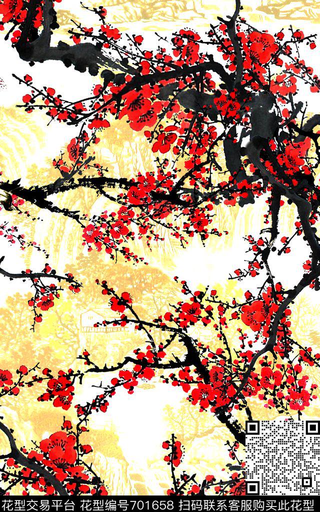 工笔画花朵中国风梅花数码印花华亿平台下载（图片编号: 701658） - 瓦栏（Walan）