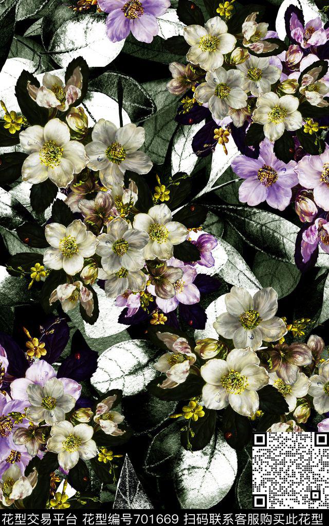 大花卉花朵树叶底板数码印花华亿平台下载（图片编号: 701669） - 瓦栏（Walan）