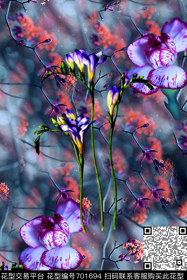抽象植物花卉数码印花女装印花朦胧印花数码印花华亿平台下载（图片编号: 701694） - 瓦栏（Walan）
