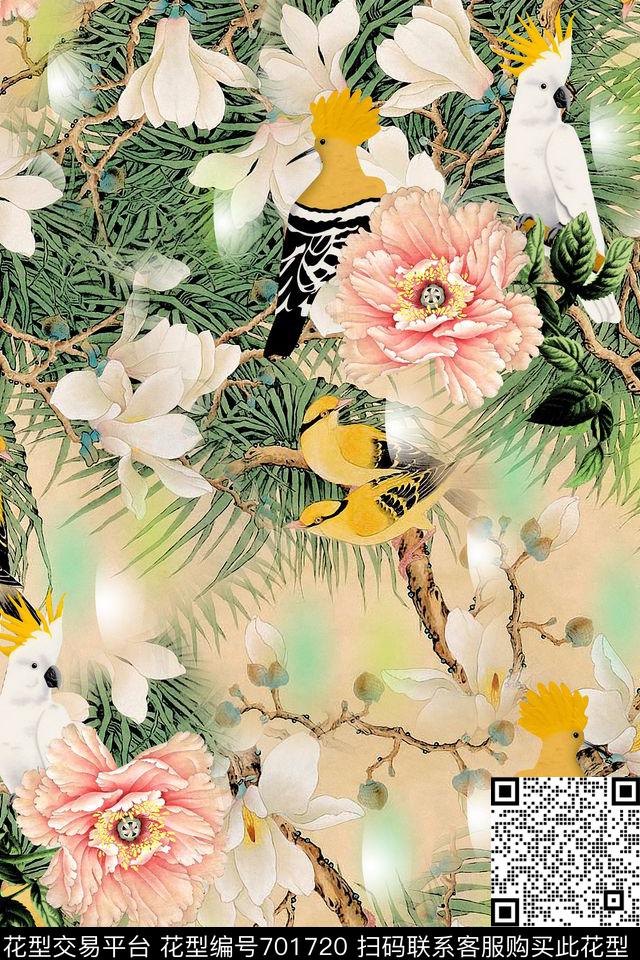 鸟牡丹百合数码印花华亿平台下载（图片编号: 701720） - 瓦栏（Walan）
