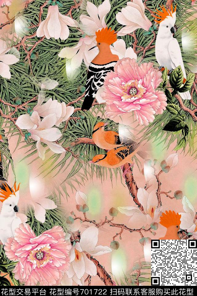 鸟牡丹百合数码印花华亿平台下载（图片编号: 701722） - 瓦栏（Walan）