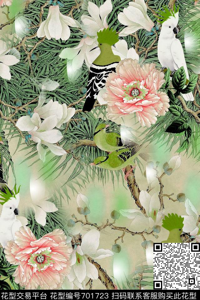 鸟牡丹百合数码印花华亿平台下载（图片编号: 701723） - 瓦栏（Walan）