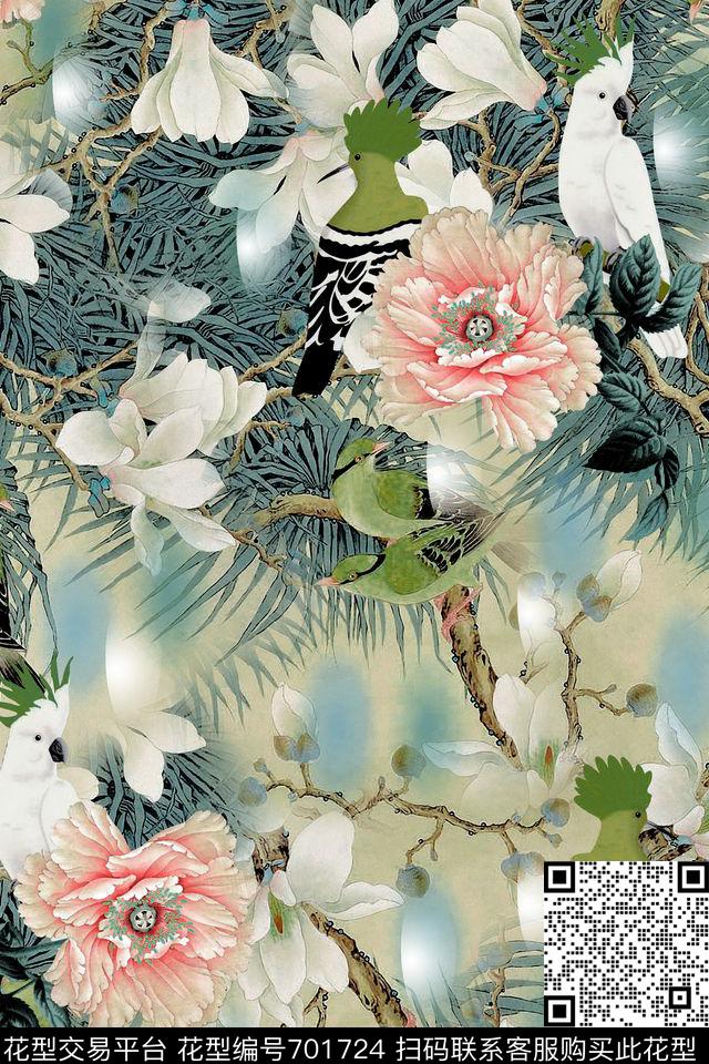 鸟牡丹百合数码印花华亿平台下载（图片编号: 701724） - 瓦栏（Walan）