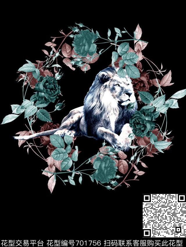 时尚潮流男装定位T恤印花手绘花卉狮子动物数码印花华亿平台下载（图片编号: 701756） - 瓦栏（Walan）