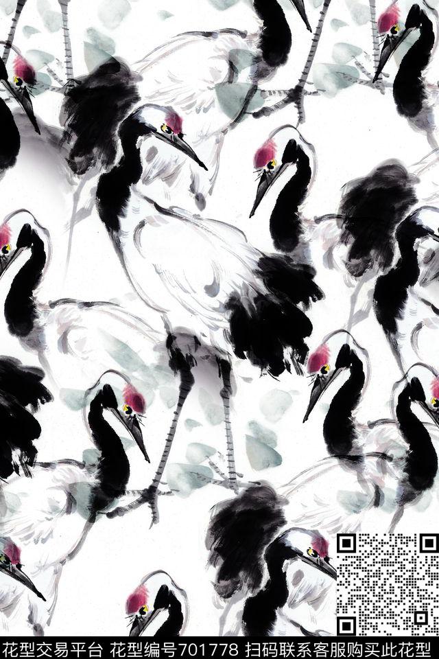 仙鹤水墨国画数码印花华亿平台下载（图片编号: 701778） - 瓦栏（Walan）