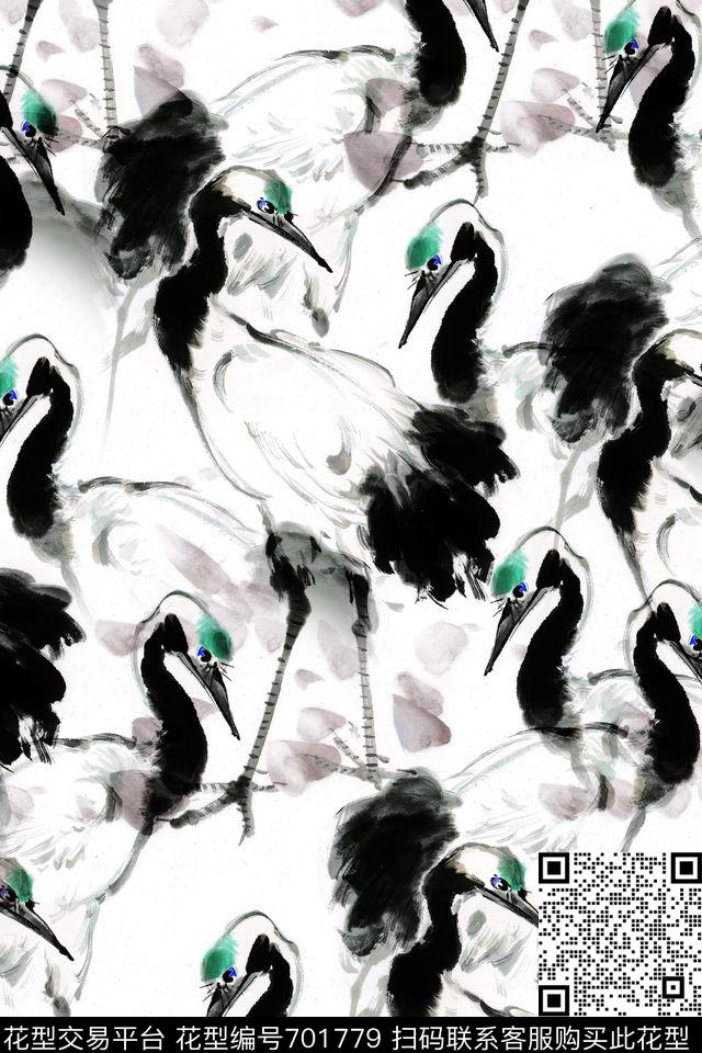 仙鹤水墨国画数码印花华亿平台下载（图片编号: 701779） - 瓦栏（Walan）