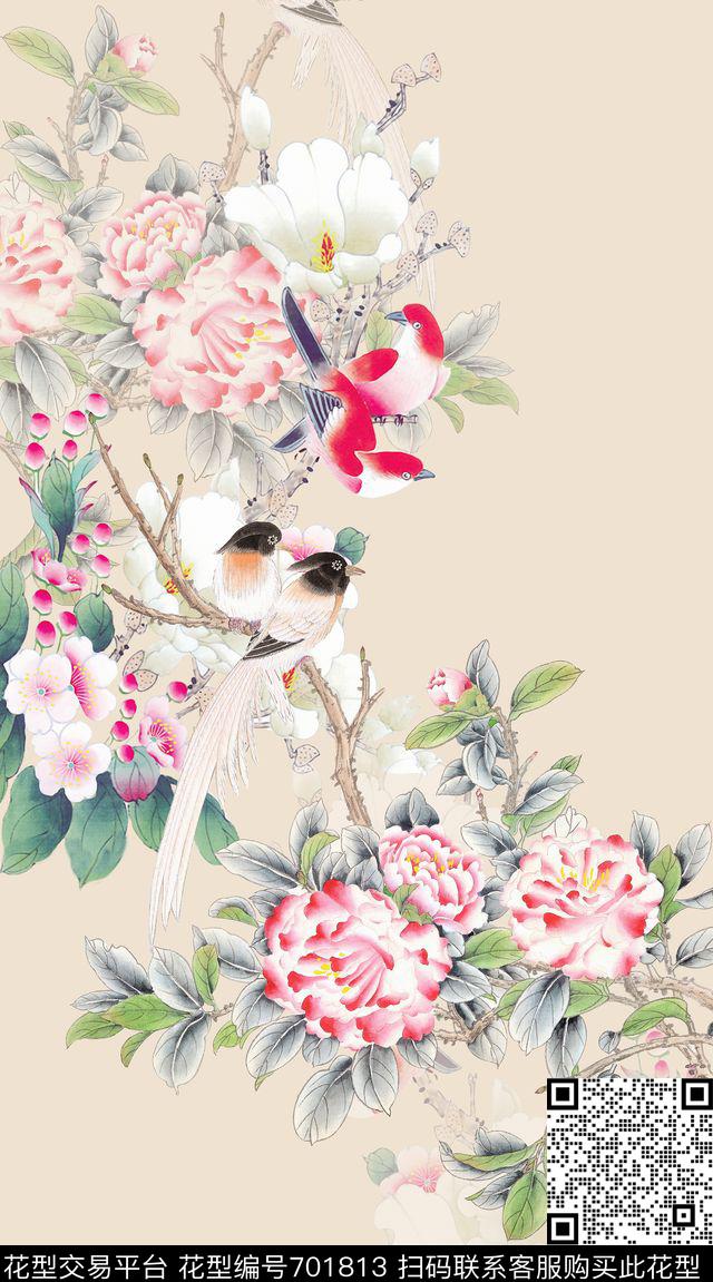 中国风花鸟牡丹飞鸟数码印花华亿平台下载（图片编号: 701813） - 瓦栏（Walan）