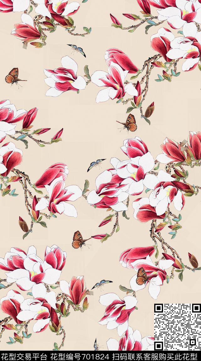中国风国画玉兰花数码印花华亿平台下载（图片编号: 701824） - 瓦栏（Walan）