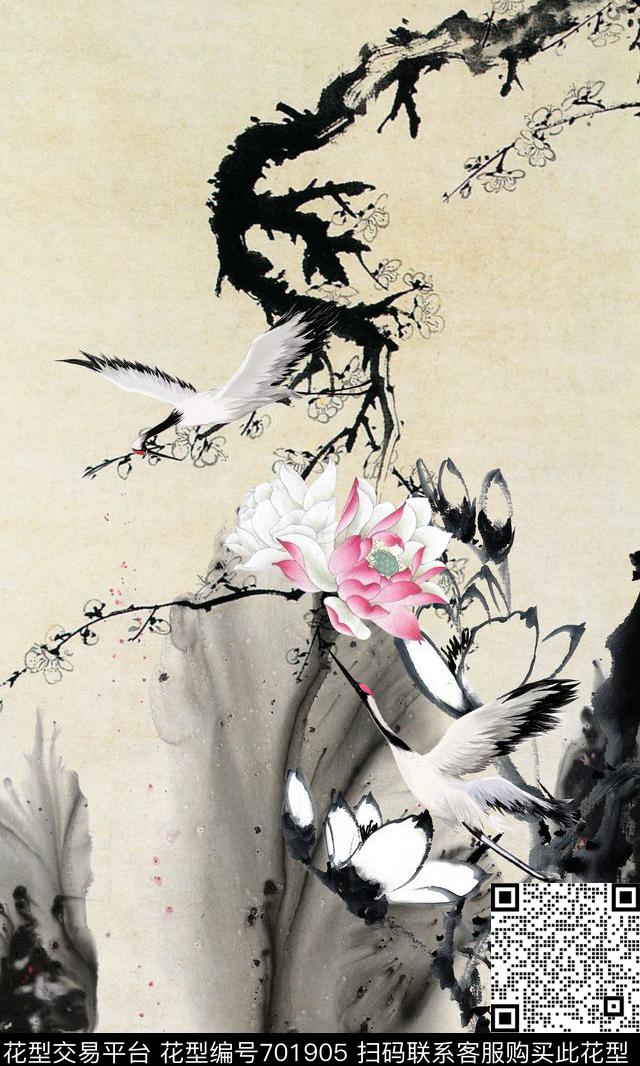 荷花水墨仙鹤数码印花华亿平台下载（图片编号: 701905） - 瓦栏（Walan）