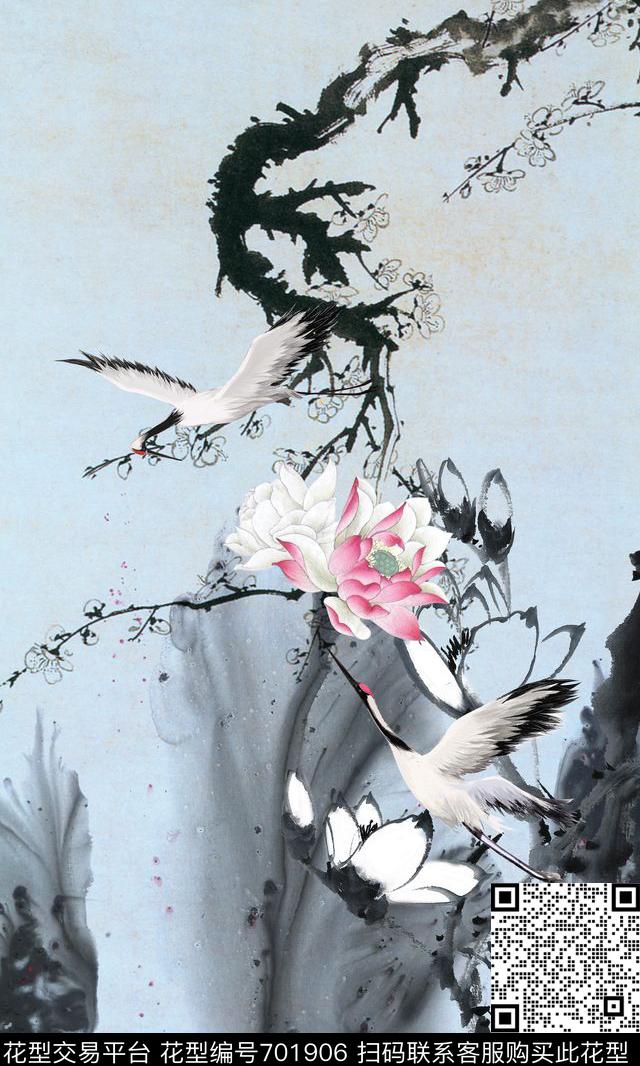 荷花水墨仙鹤数码印花华亿平台下载（图片编号: 701906） - 瓦栏（Walan）