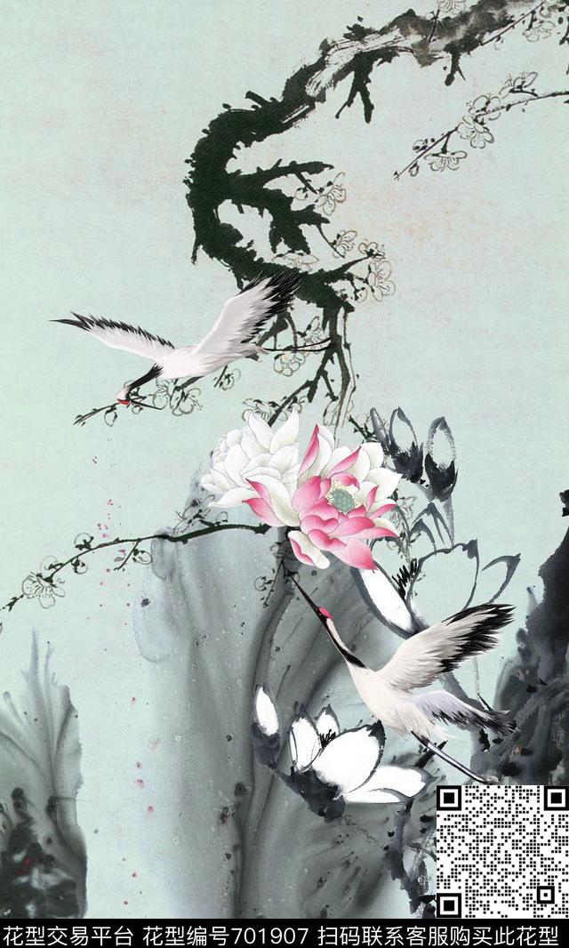 荷花水墨仙鹤数码印花华亿平台下载（图片编号: 701907） - 瓦栏（Walan）