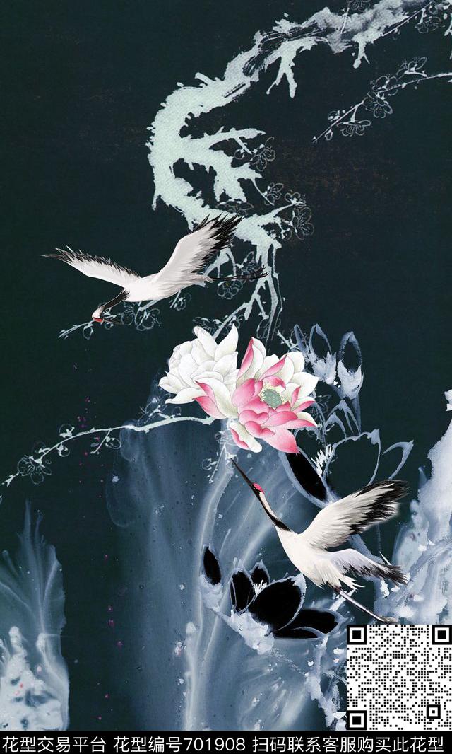 荷花水墨仙鹤数码印花华亿平台下载（图片编号: 701908） - 瓦栏（Walan）