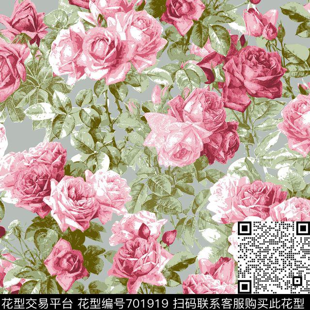 玫瑰大花花朵传统印花华亿平台下载（图片编号: 701919） - 瓦栏（Walan）