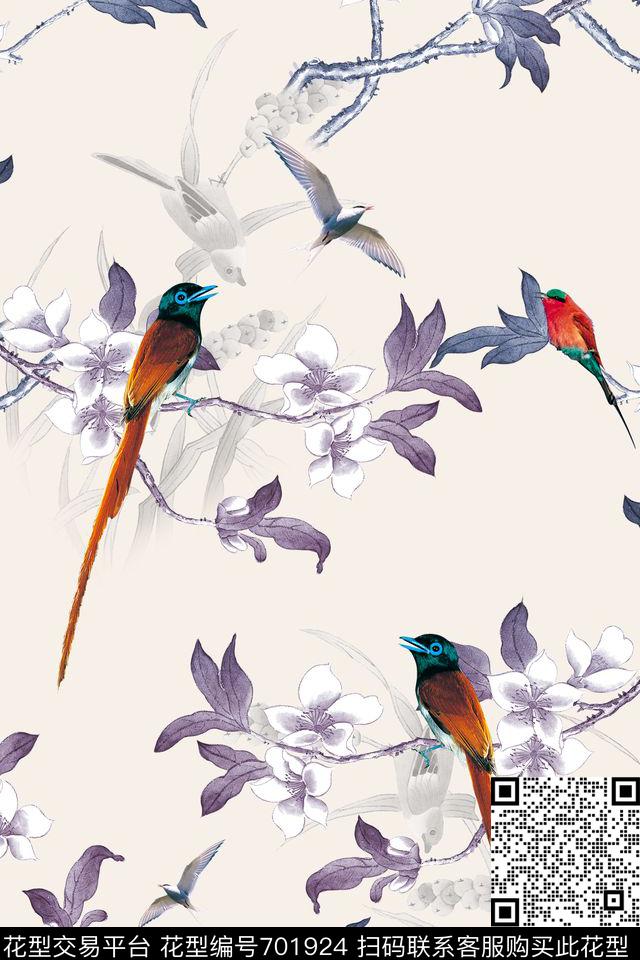 中国风飞鸟树枝数码印花华亿平台下载（图片编号: 701924） - 瓦栏（Walan）