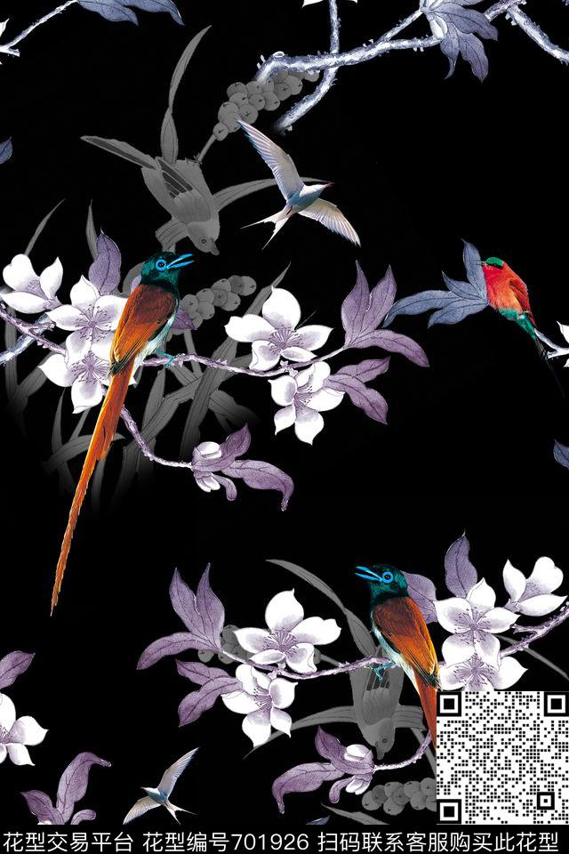 中国风飞鸟树枝数码印花华亿平台下载（图片编号: 701926） - 瓦栏（Walan）