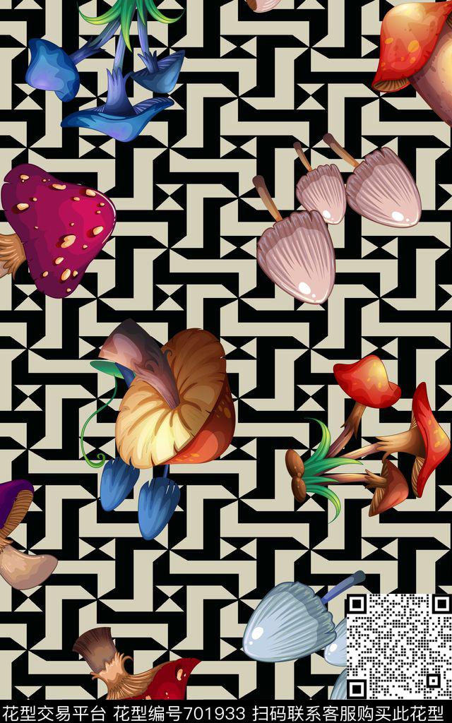 植物蘑菇几何底纹数码印花华亿平台下载（图片编号: 701933） - 瓦栏（Walan）