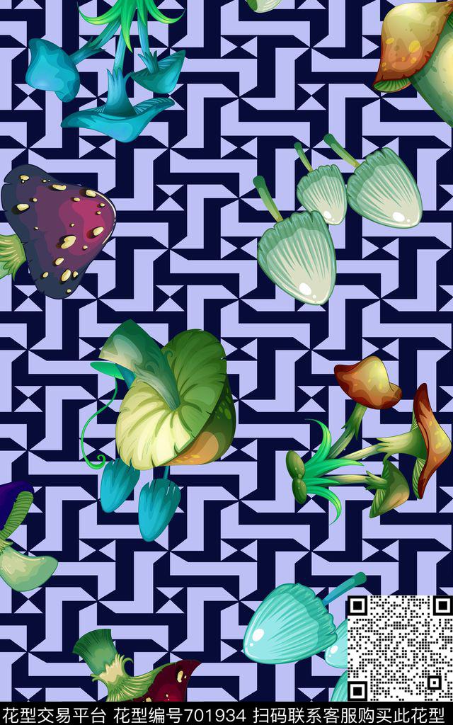 植物蘑菇几何底纹数码印花华亿平台下载（图片编号: 701934） - 瓦栏（Walan）