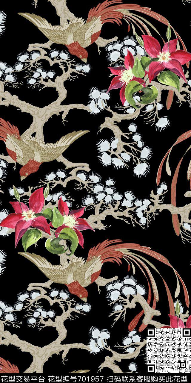 凤凰树枝花朵数码印花华亿平台下载（图片编号: 701957） - 瓦栏（Walan）