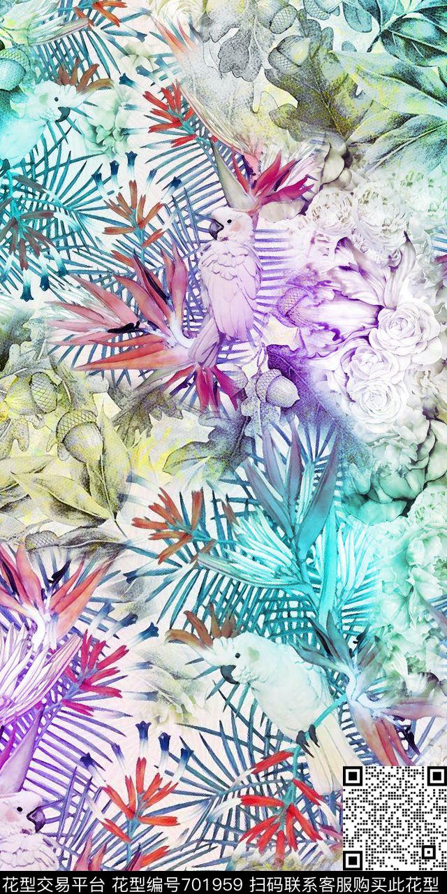 乱花树枝鸟数码印花华亿平台下载（图片编号: 701959） - 瓦栏（Walan）