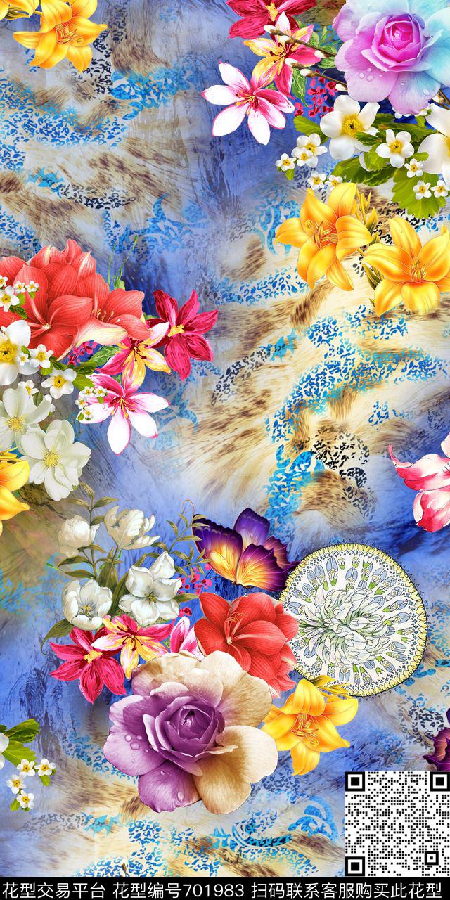 圆盘手绘花水彩数码印花华亿平台下载（图片编号: 701983） - 瓦栏（Walan）