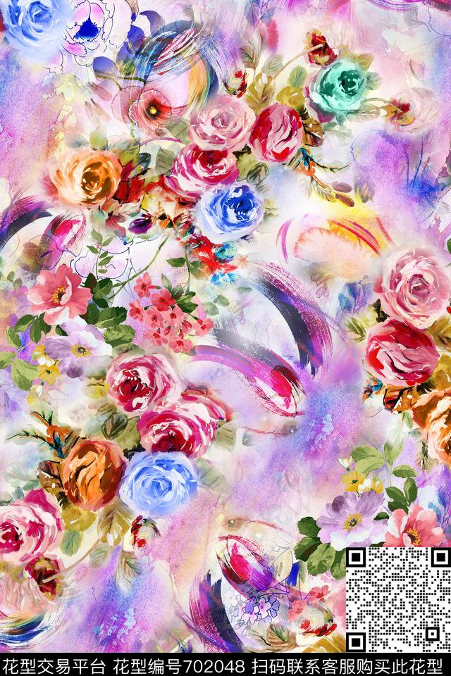 组合花卉抽象彩色数码印花华亿平台下载（图片编号: 702048） - 瓦栏（Walan）