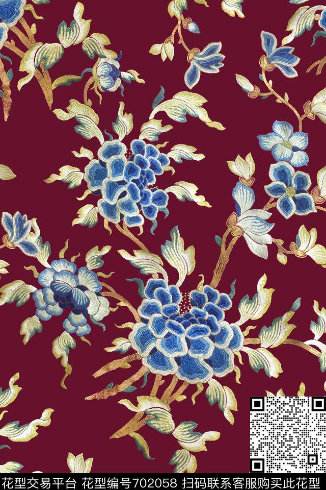 花卉中国风绣花数码印花华亿平台下载（图片编号: 702058） - 瓦栏（Walan）