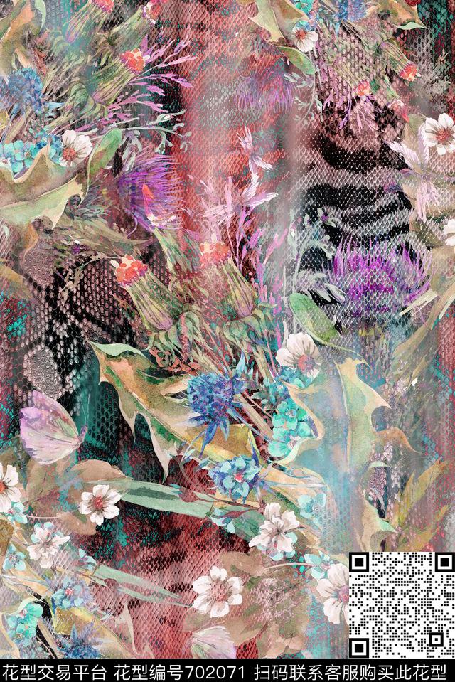 动物纹蛇纹手绘数码印花华亿平台下载（图片编号: 702071） - 瓦栏（Walan）