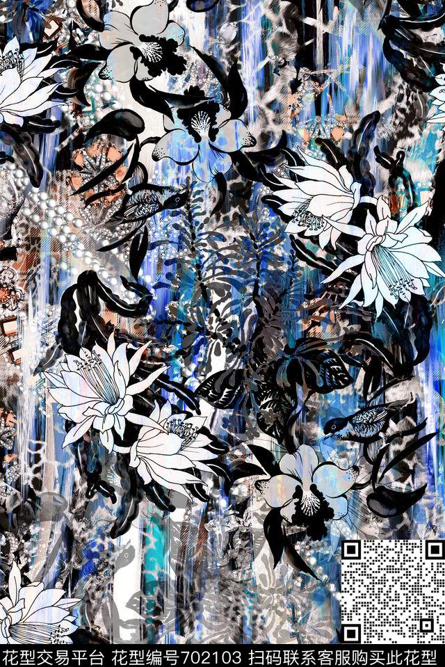 扎染黑白水墨数码印花华亿平台下载（图片编号: 702103） - 瓦栏（Walan）