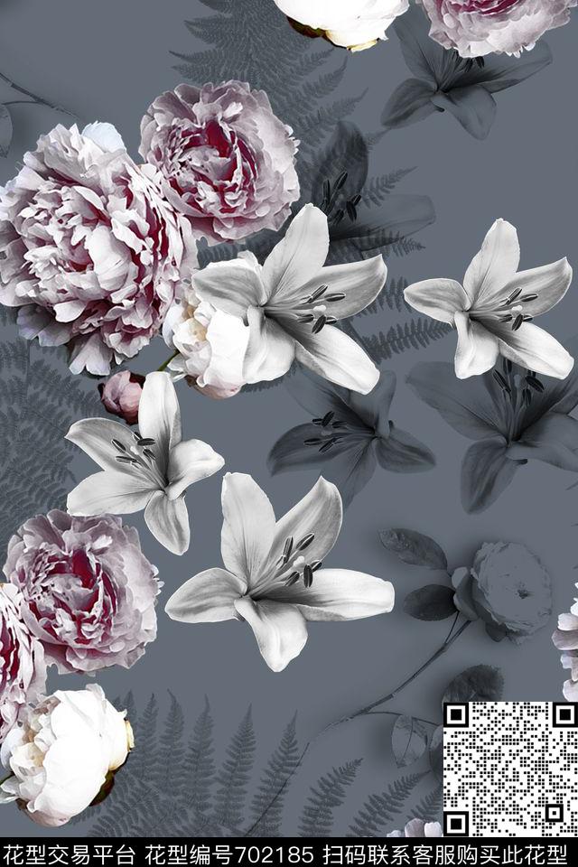 大花牡丹玫瑰数码印花华亿平台下载（图片编号: 702185） - 瓦栏（Walan）